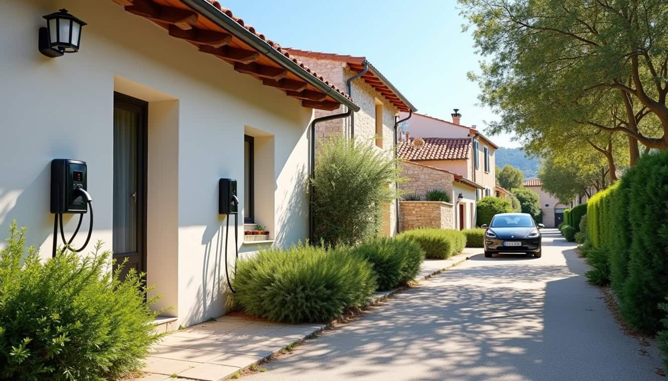 Borne de recharge électrique installée en journée à Nages-et-Solorgues, vue sur un environnement résidentiel