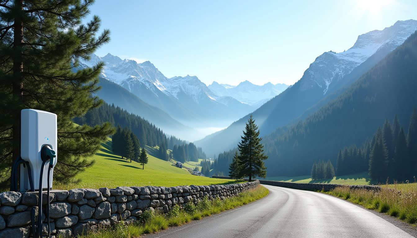 Borne de recharge électrique installée en milieu rural dans le Jura, entourée de paysages montagneux