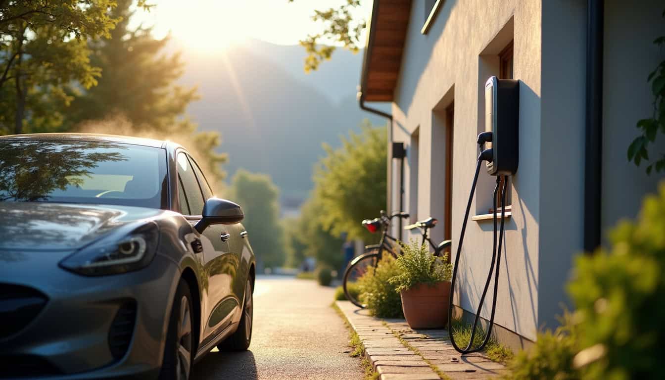 Borne de recharge électrique installée en plein jour à Châtillon-sur-Cluses, vue extérieure d'une maison avec véhicule électrique en charge