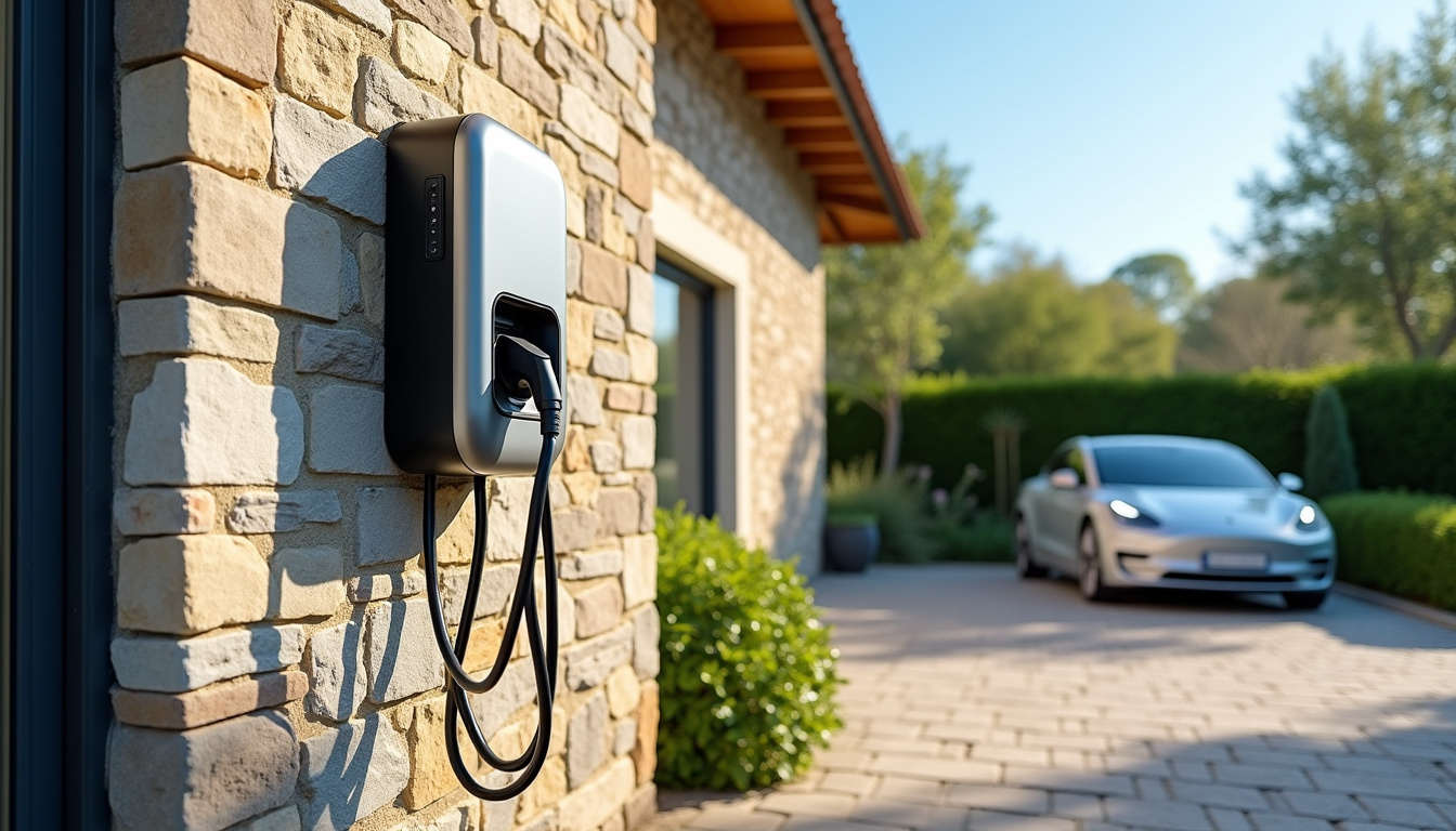 Borne de recharge électrique installée en plein jour à Saint-Drézéry, vue d'ensemble