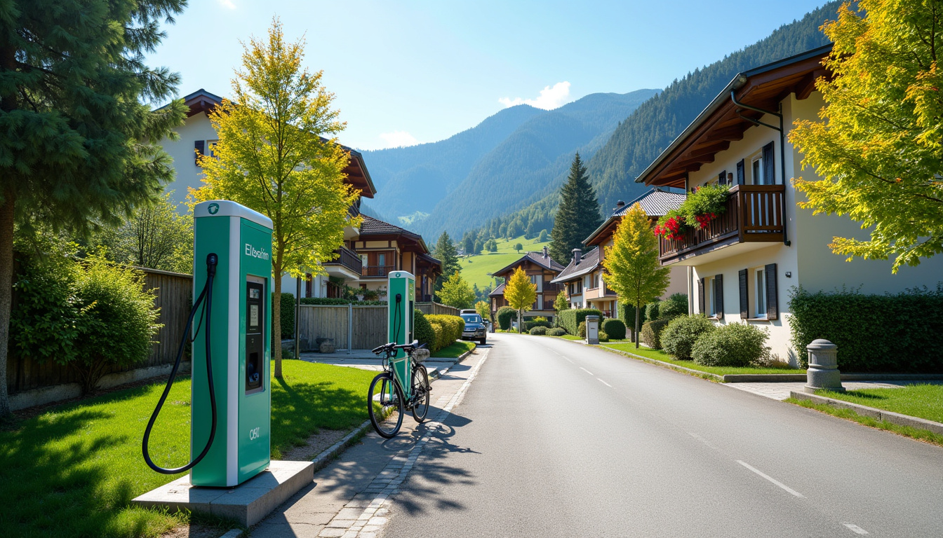 Borne de recharge électrique installée en plein jour à Viuz-en-Sallaz, entourée de végétation et de bâtiments résidentiels