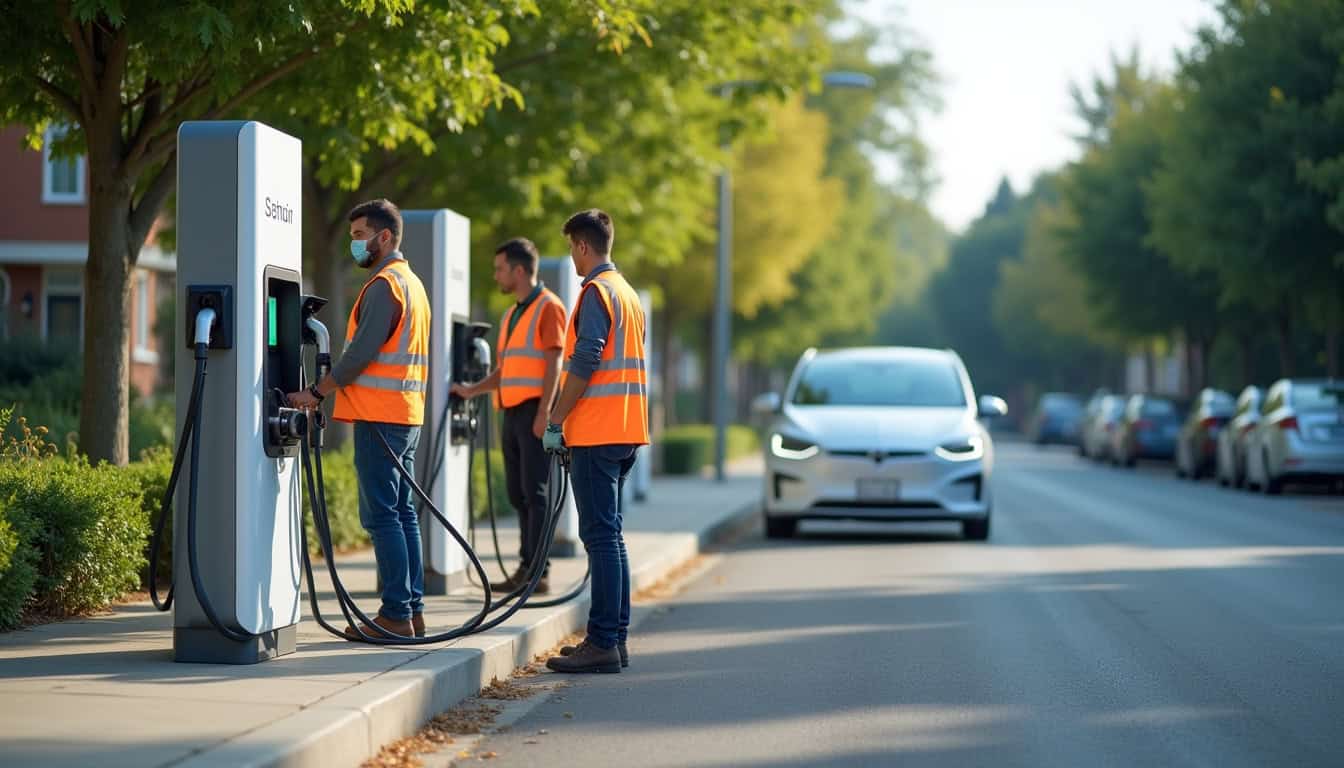 Borne de recharge électrique installée en plein jour dans une rue résidentielle