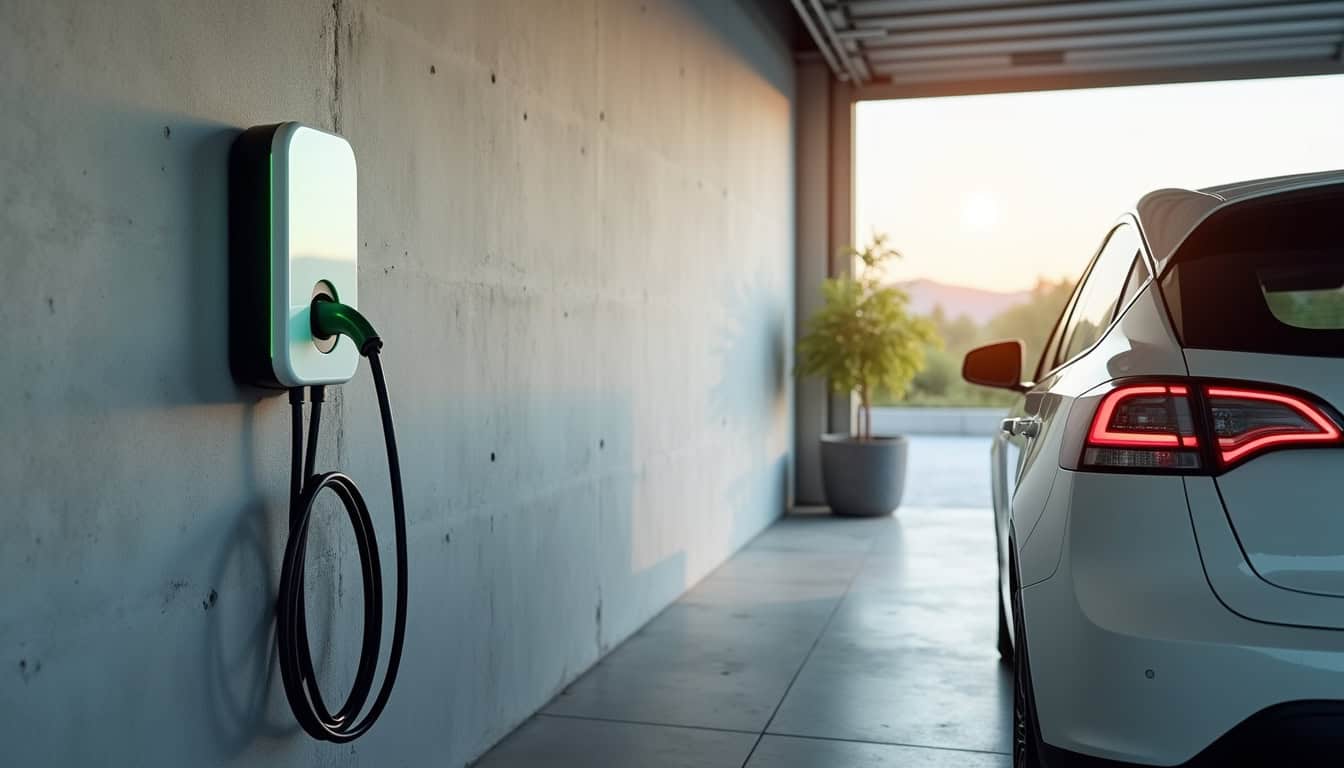 Borne de recharge électrique installée et fonctionnelle dans un garage à Macouria