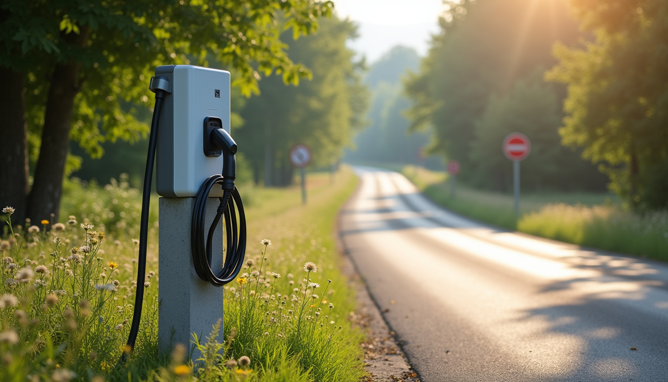 Borne de recharge électrique installée le long d'une route à Messimy, entourée de végétation et de panneaux indicateurs
