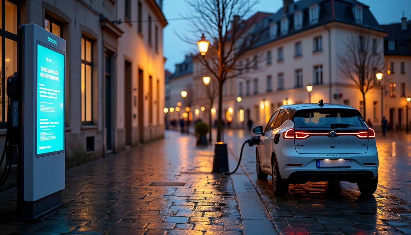Borne de recharge électrique installée place du Château à Fumel, avec panneau d'information et véhicule en charge