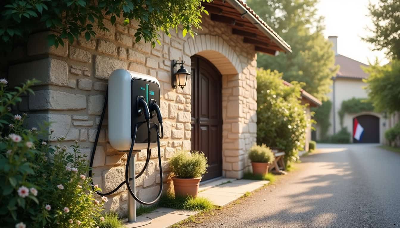 Borne de recharge électrique installée près d'un garage à Saint-Paul-des-landes