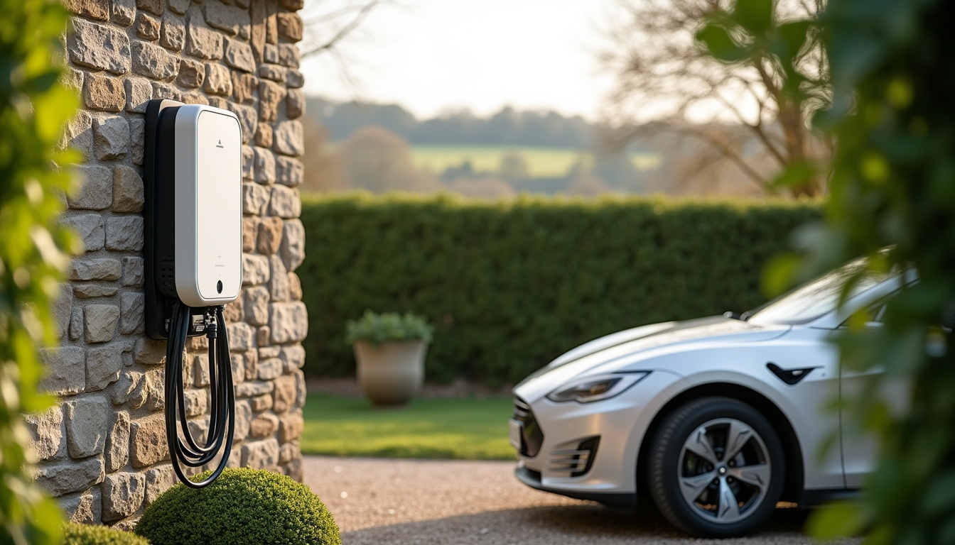 Borne de recharge électrique installée près d'une voiture dans une maison à Logonna-Daoulas