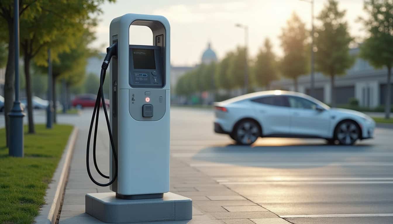 Borne de recharge électrique installée rue de Chancelas à Volvic, en extérieur sur un parking public