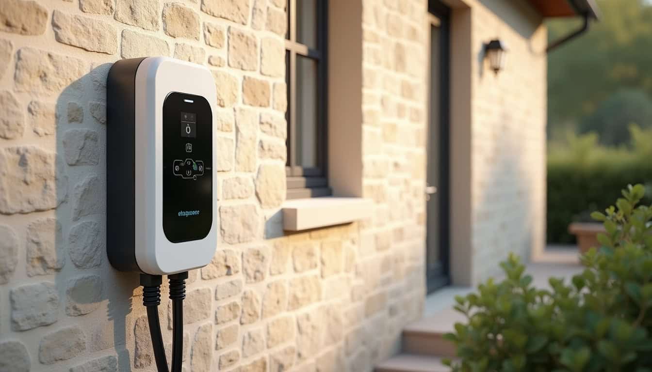 Borne de recharge électrique installée sur la façade d'une maison à Bosroumois