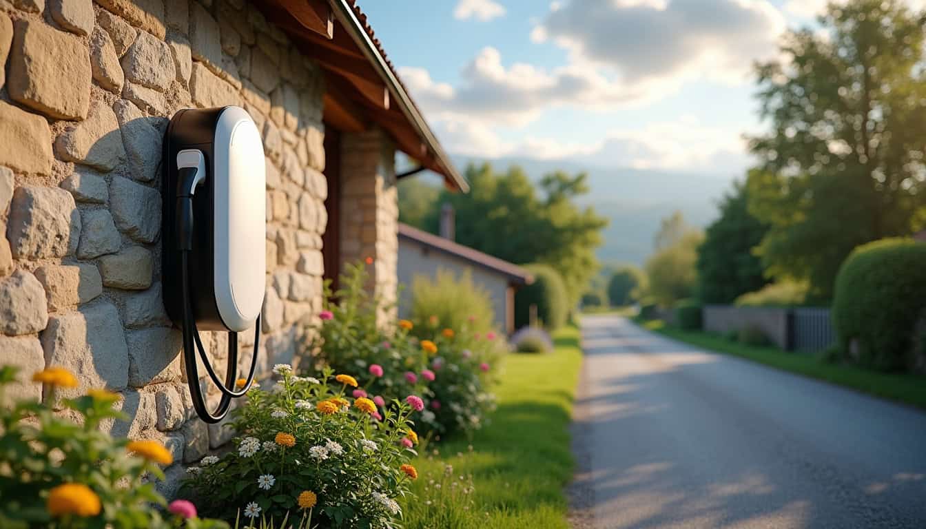 Borne de recharge électrique installée sur la façade d'une maison à Saugues