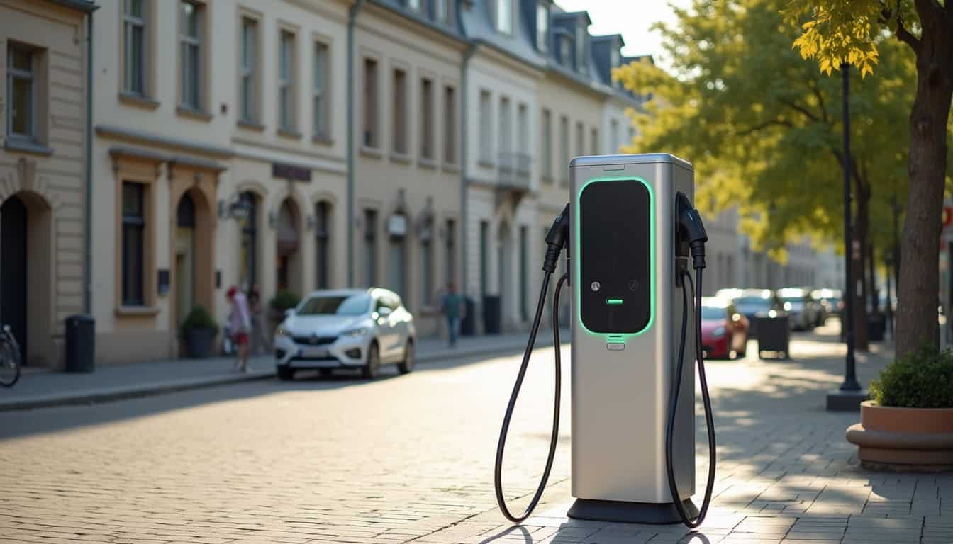 Borne de recharge électrique installée sur la place Clemenceau à Oloron-Sainte-Marie
