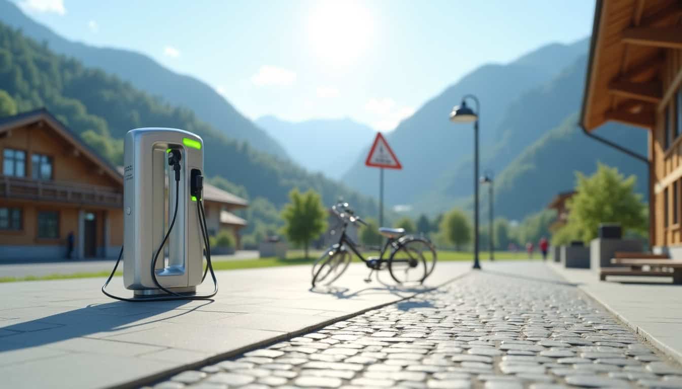 Borne de recharge électrique installée sur la place de la gare à Tende