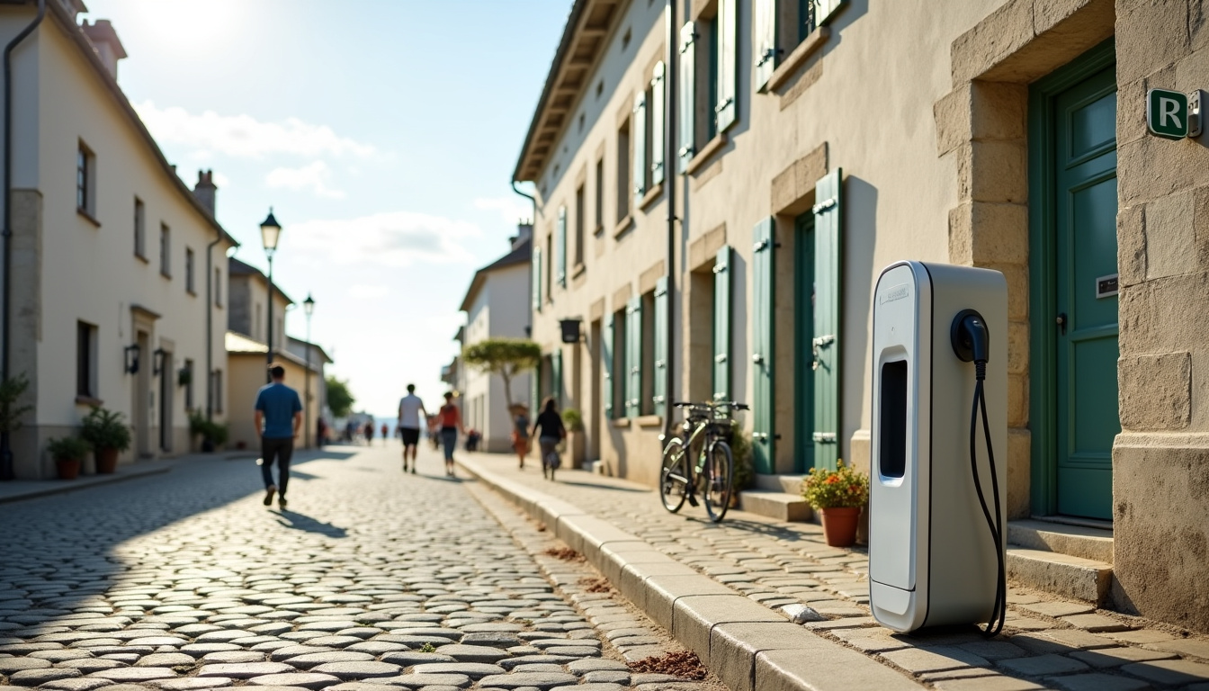 Borne de recharge électrique installée sur la place de la mairie à Barneville-Carteret