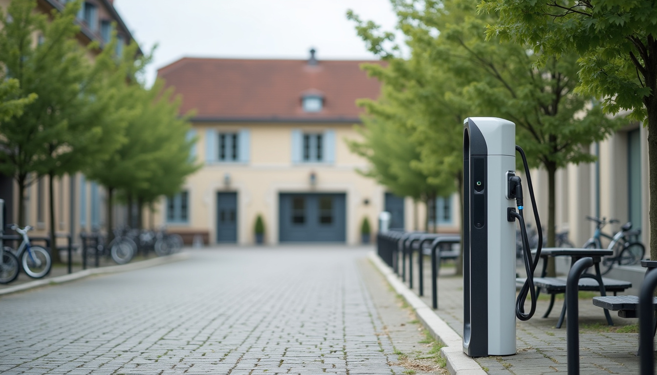 Borne de recharge électrique installée sur la place de la mairie à Chanteloup