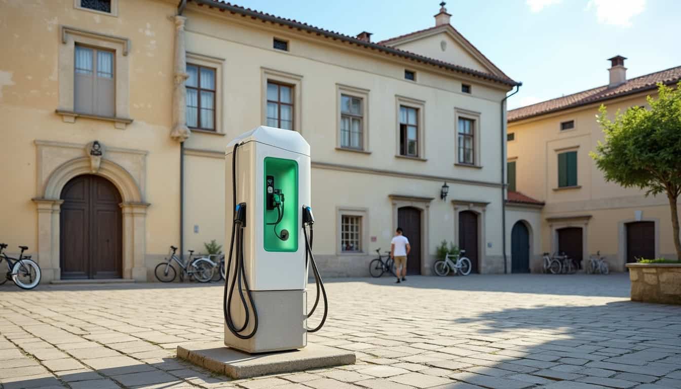 Borne de recharge électrique installée sur la place de la mairie à Montbartier, en milieu urbain
