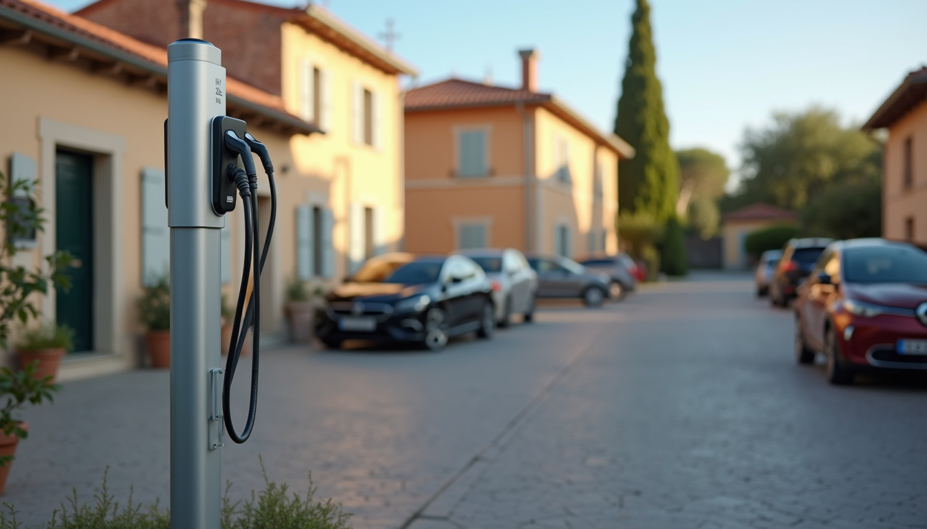 Borne de recharge électrique installée sur la place de la Poste à Régusse, avec deux prises de type 2 visibles