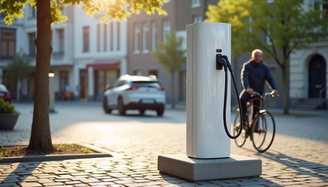 Borne de recharge électrique installée sur la place du Rivage à Watten, en milieu urbain
