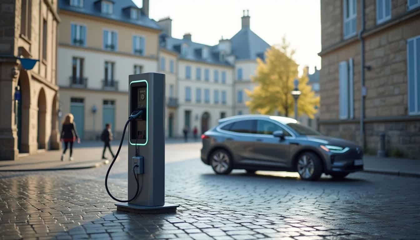 Borne de recharge électrique installée sur la place Georges Clemenceau à Parmain, près de la mairie