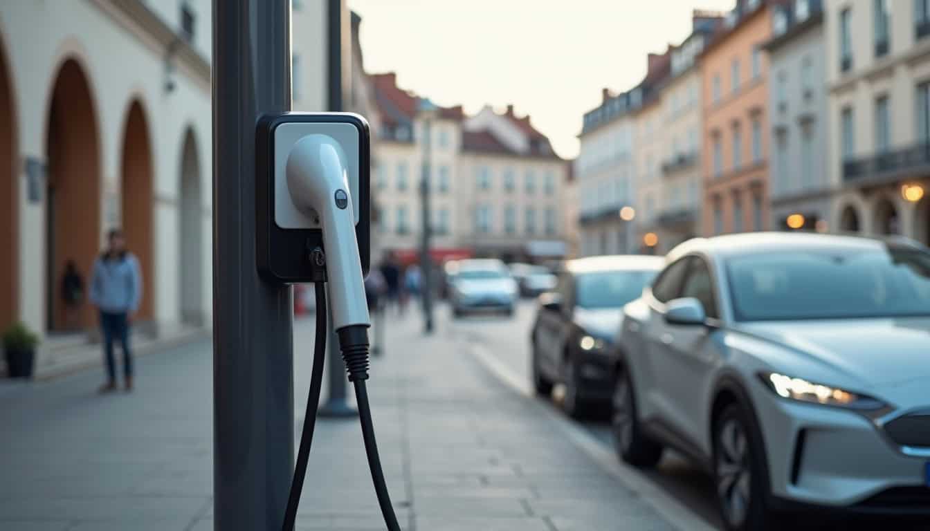 Borne de recharge électrique installée sur la place Milo Freslon à Descartes, entourée de véhicules stationnés