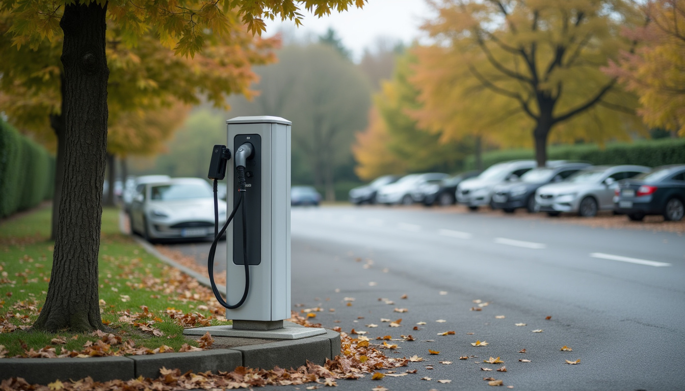 Borne de recharge électrique installée sur la voie publique à Mortagne-au-Perche, près d’un parking municipal