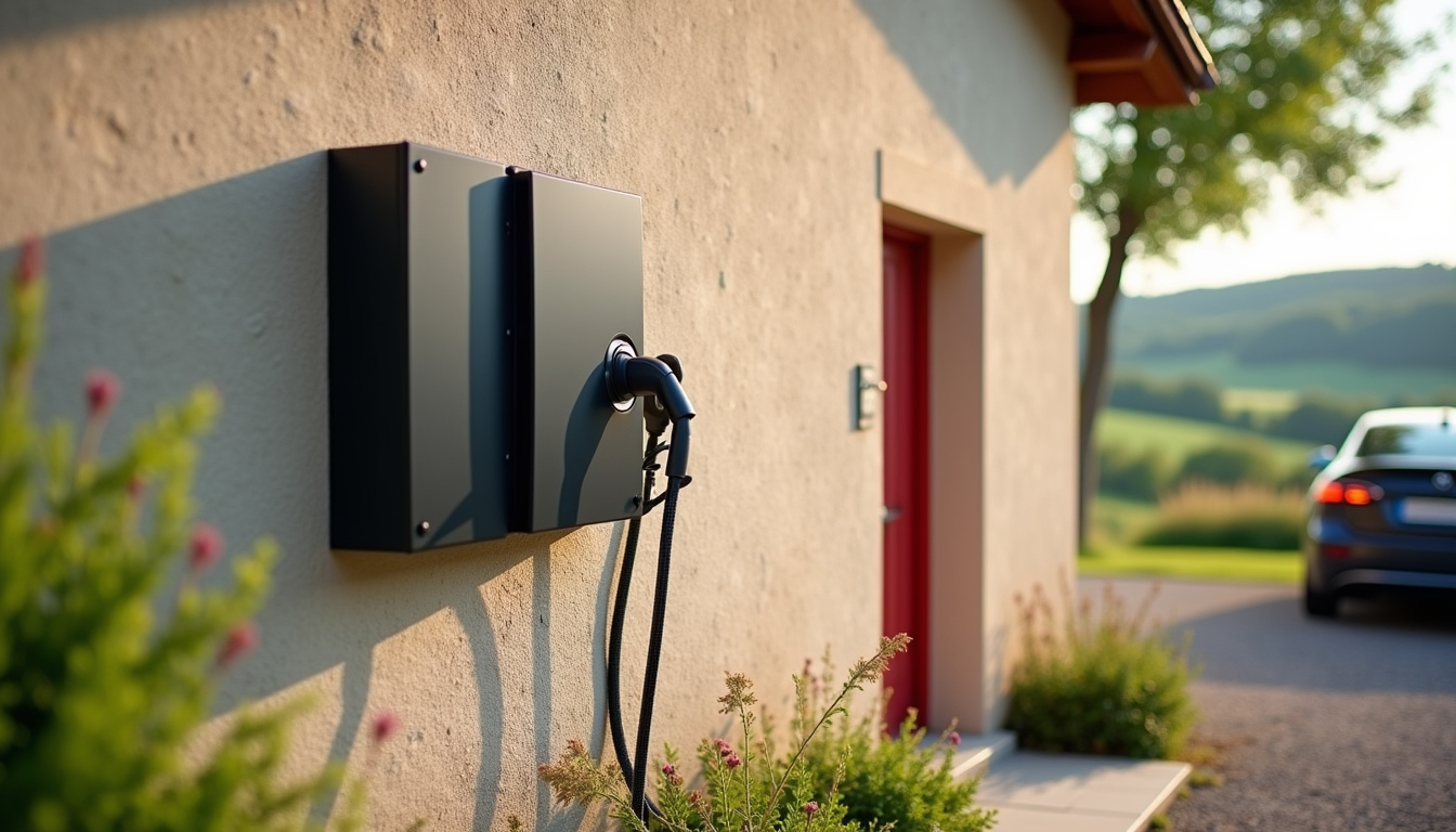 Borne de recharge électrique installée sur le mur d'une maison individuelle à Saint-Hilaire-du-Rosier, en milieu rural
