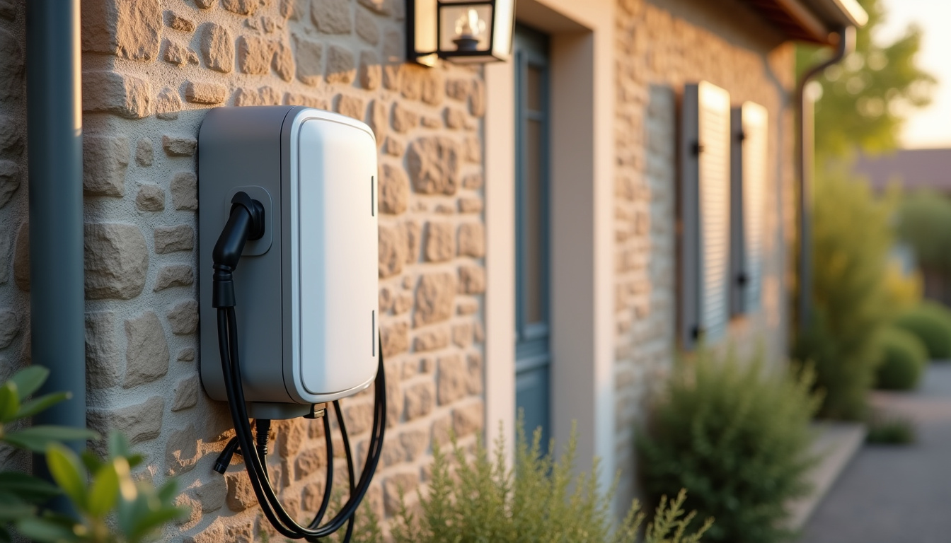 Borne de recharge électrique installée sur le mur extérieur d'une maison à Saint-Hilaire-d'Ozilhan
