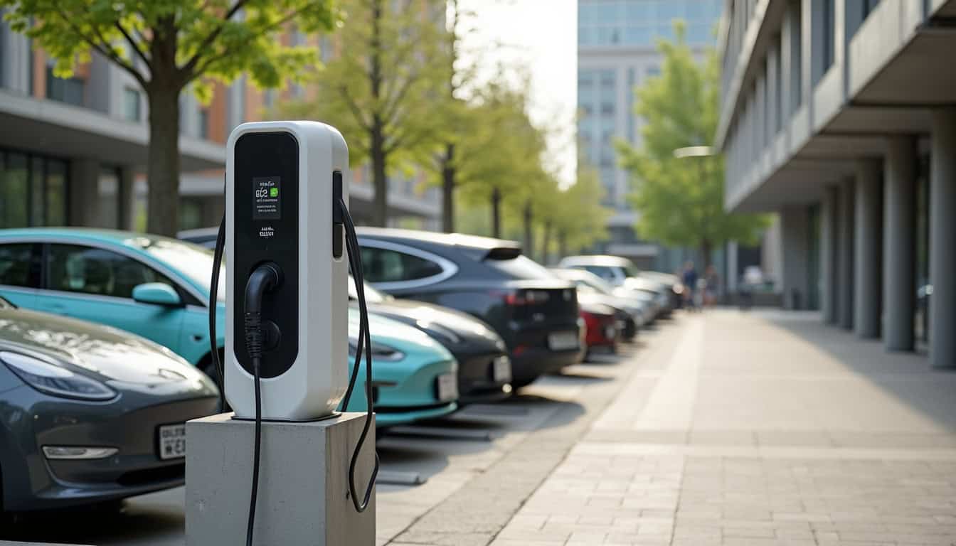 Borne de recharge électrique installée sur le parking de la Place des Arts à Thonon-les-Bains, en milieu urbain