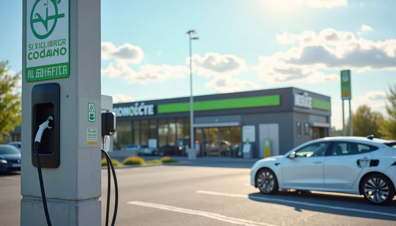Borne de recharge électrique installée sur le parking du supermarché Intermarché à Saint-Pierre-des-Fleurs