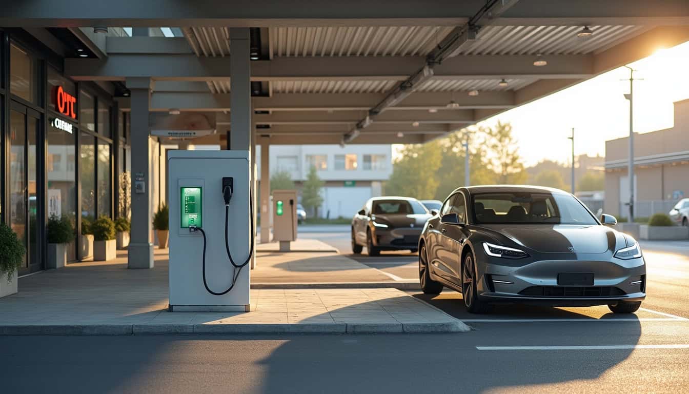 Borne de recharge électrique installée sur le parking d'un Super U à Saint-Médard-de-Mussidan