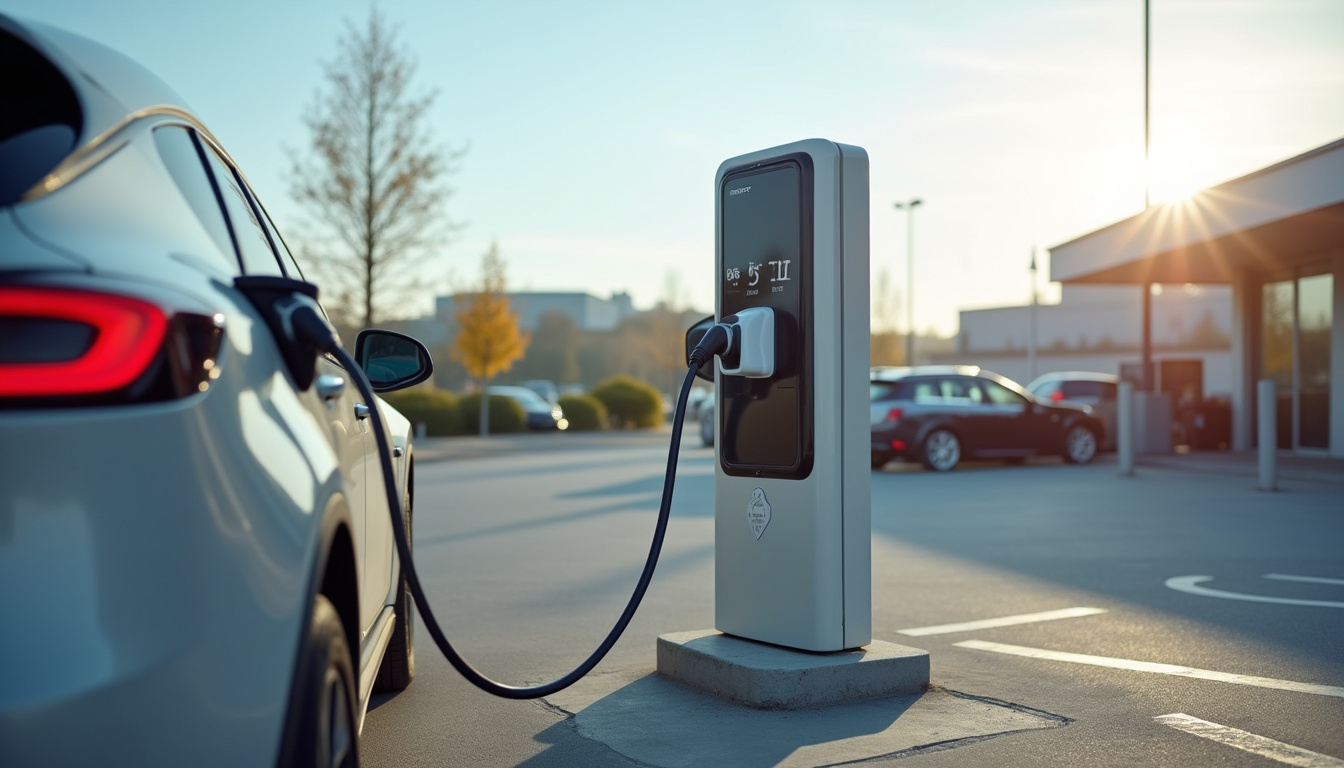 Borne de recharge électrique installée sur le parking d'un supermarché à Nogaro