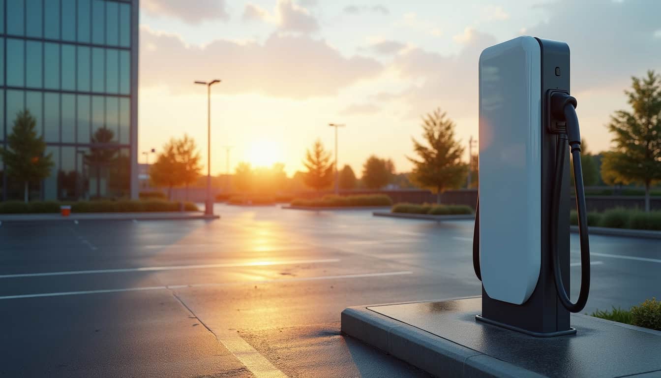 Borne de recharge électrique installée sur le parking d'une entreprise à Tenteling