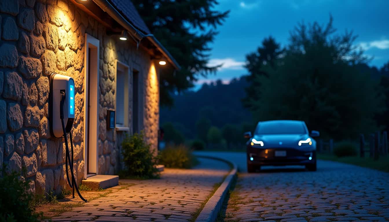 Borne de recharge électrique installée sur un mur extérieur à Grandfresnoy, vue nocturne