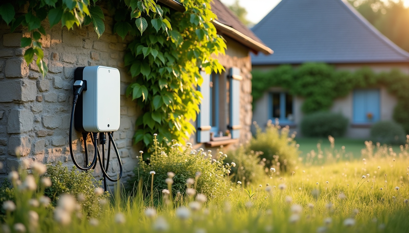 Borne de recharge électrique installée sur un mur extérieur à Neuville-les-Dames, en milieu rural