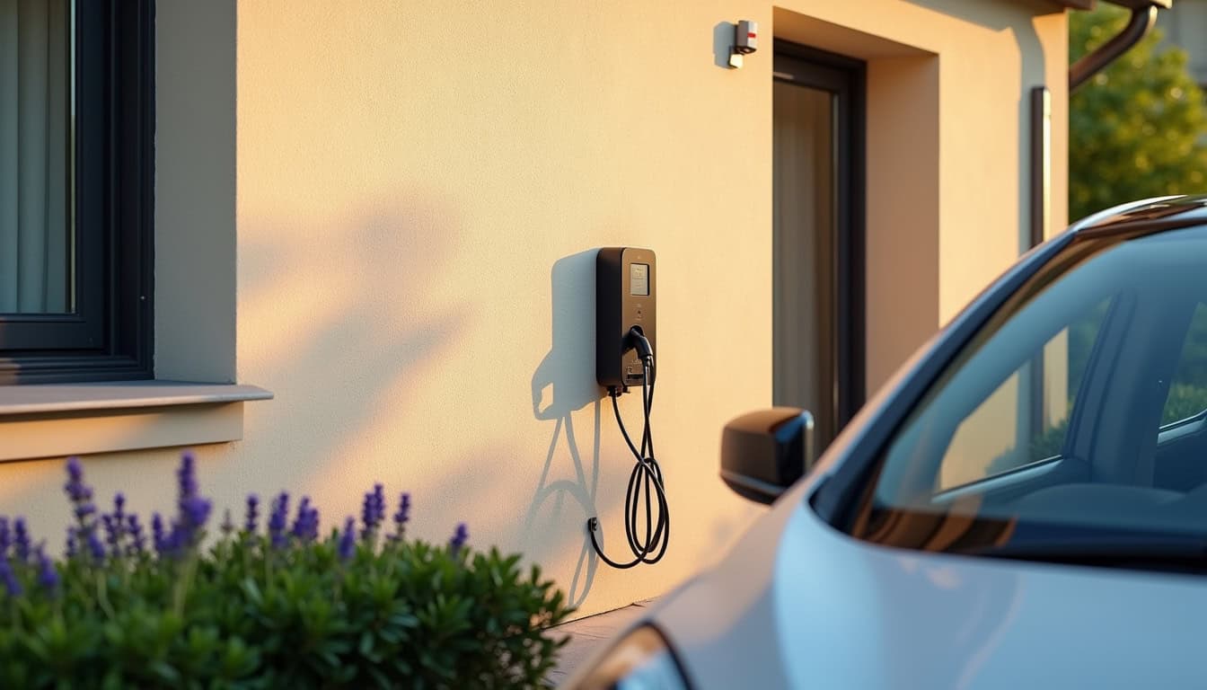 Borne de recharge électrique installée sur un mur extérieur de maison à La Mothe-Saint-Héray