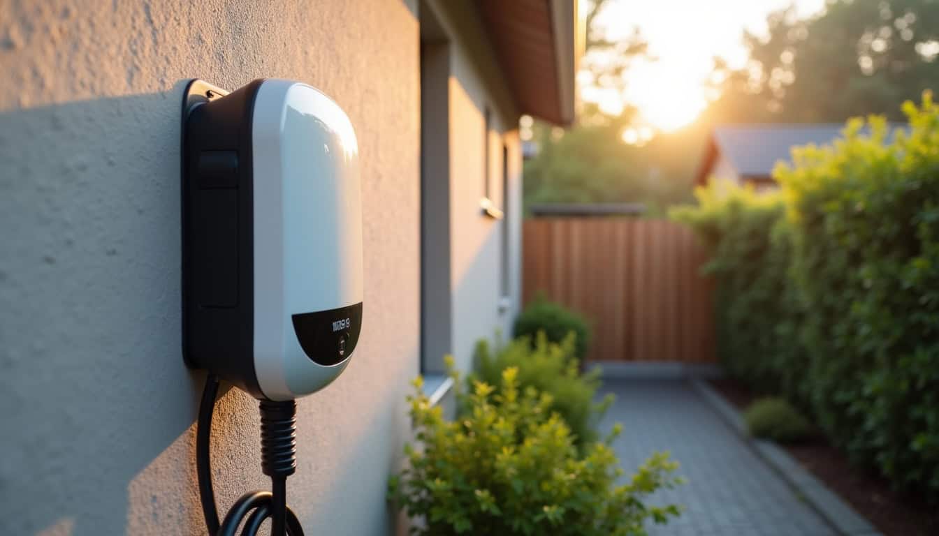 Borne de recharge électrique installée sur un mur extérieur d'une maison à Sainte-Menehould