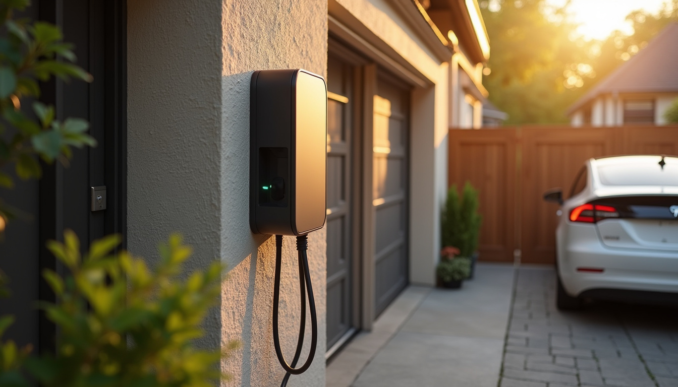 Borne de recharge électrique installée sur un mur extérieur d'une maison individuelle