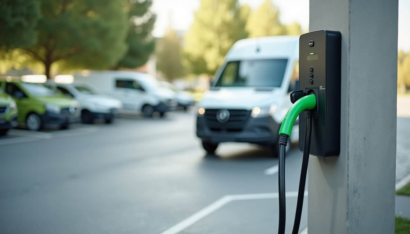Borne de recharge électrique installée sur un parking d'entreprise aux Ventes