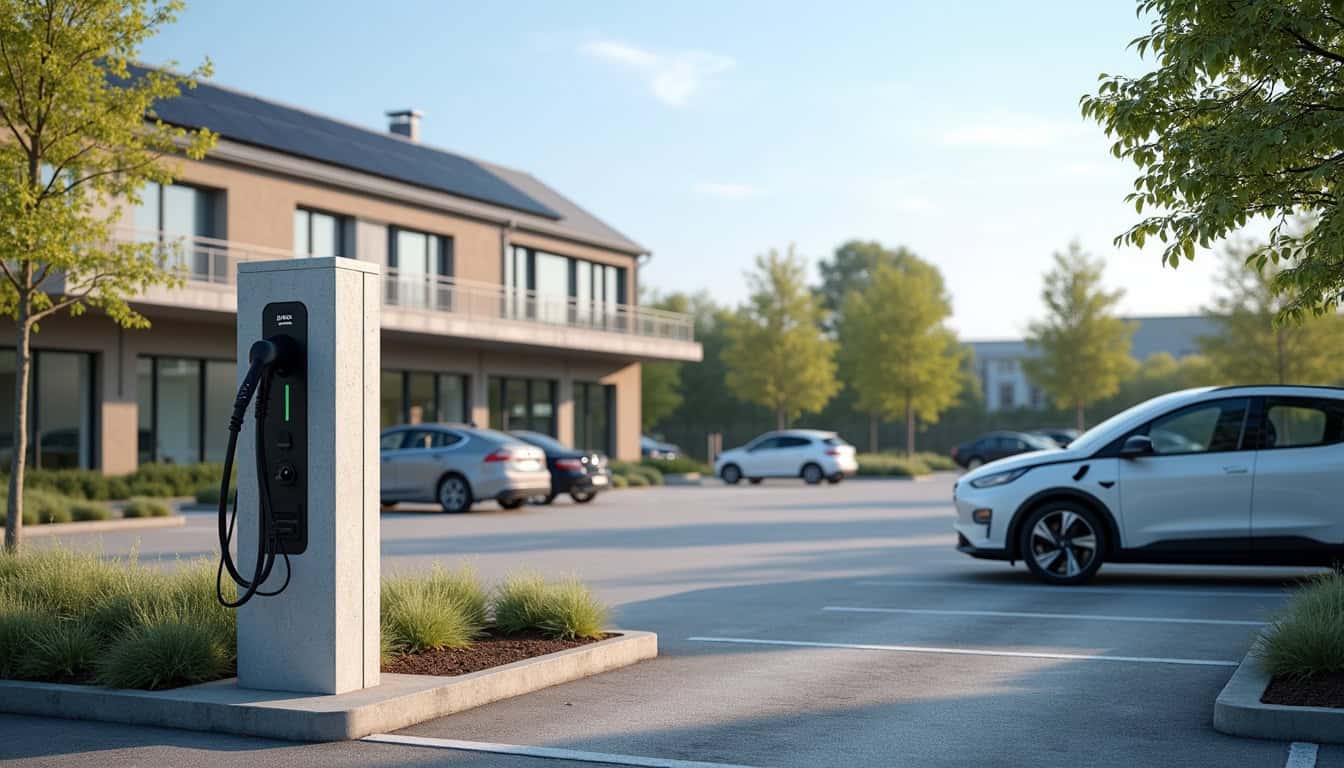 Borne de recharge électrique installée sur un parking d'entreprise en Vendée