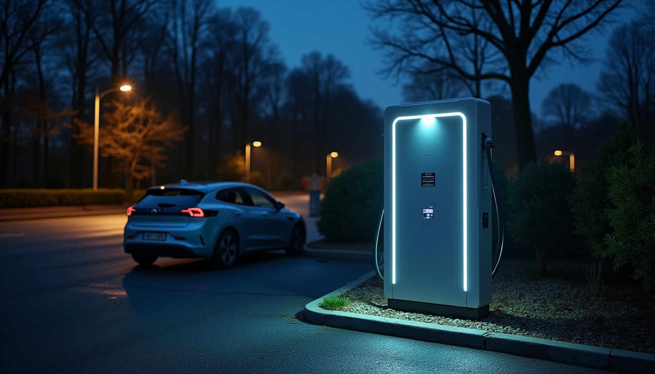 Borne de recharge électrique installée sur un parking privé à Cubzac-les-Ponts, vue de nuit