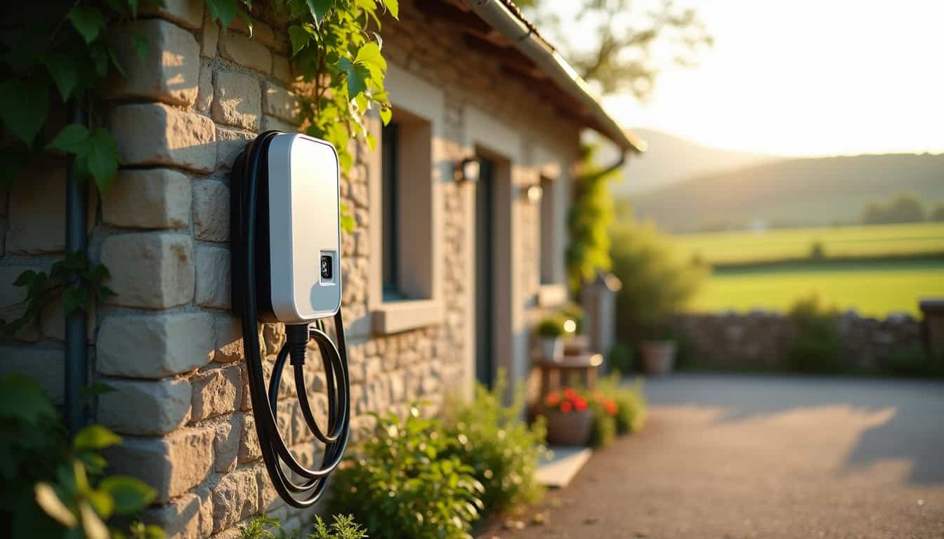 Borne de recharge électrique installée sur un parking privé à Domessin, en milieu rural