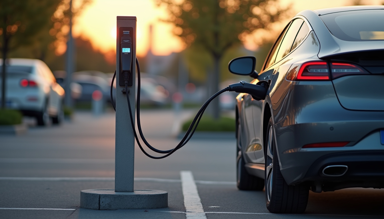 Borne de recharge électrique installée sur un parking public à Rivière