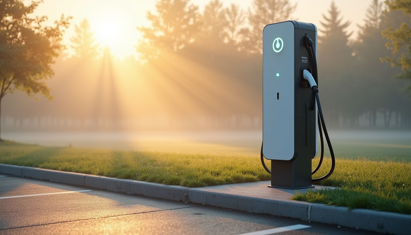 Borne de recharge électrique installée sur un parking public en bordure de route