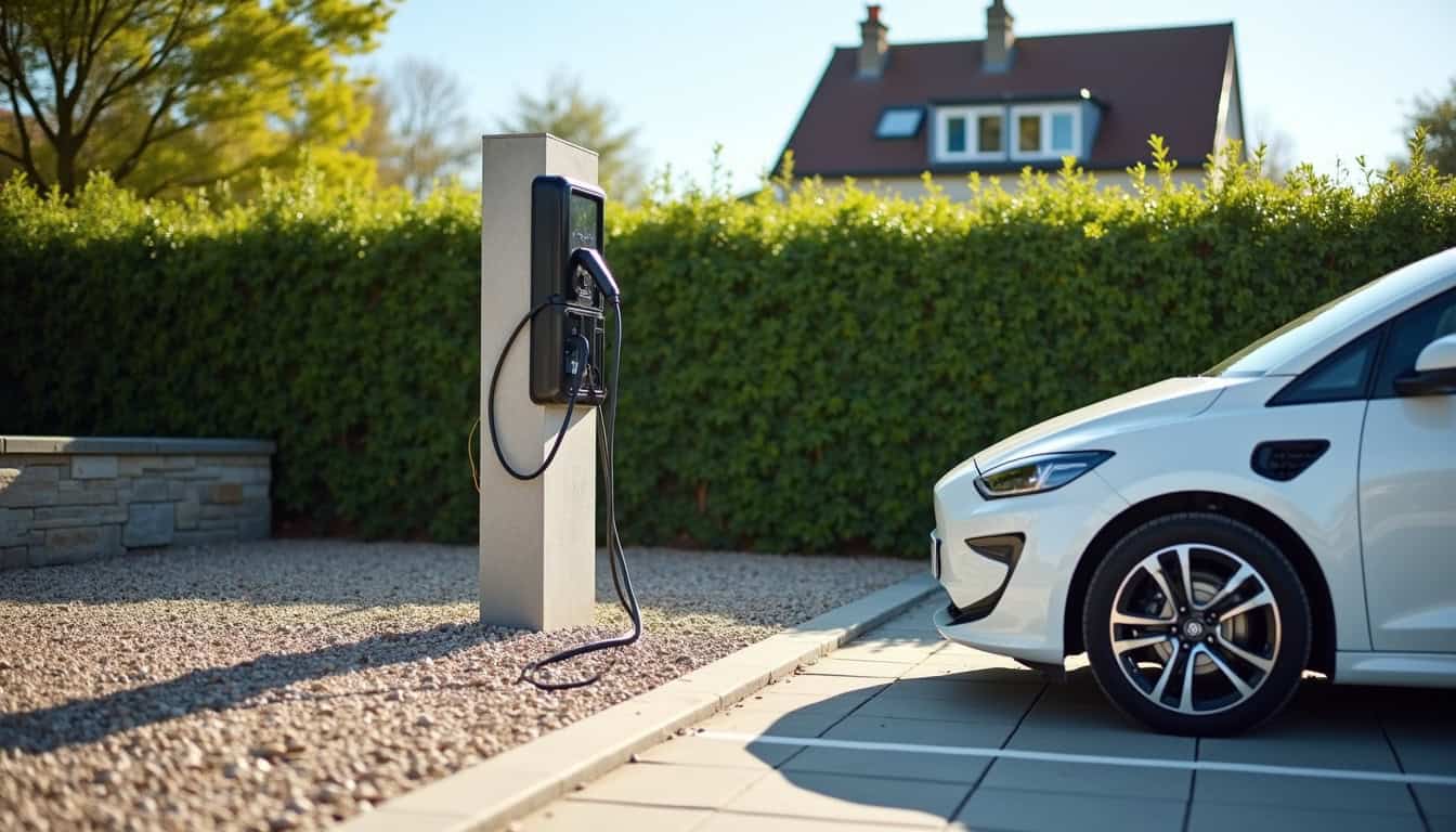 Borne de recharge électrique installée sur une place de parking privée à Durdat-Larequille