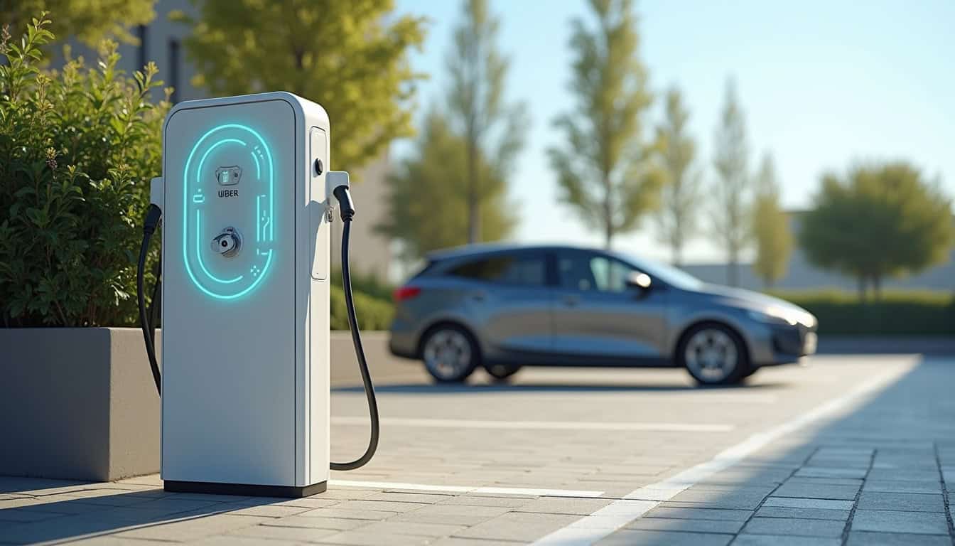 Borne de recharge électrique installée sur une place de stationnement à Aubers, vue de jour