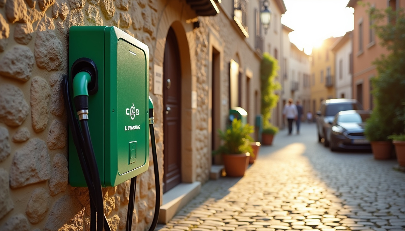 Borne de recharge électrique installée sur une place publique à Prats-de-Mollo-la-Preste