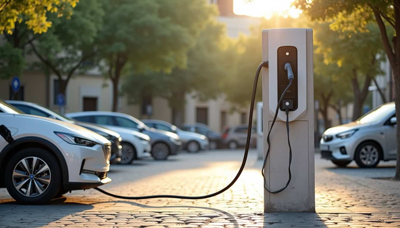 Borne de recharge électrique installée sur une place publique à Sérignan, entourée de véhicules stationnés