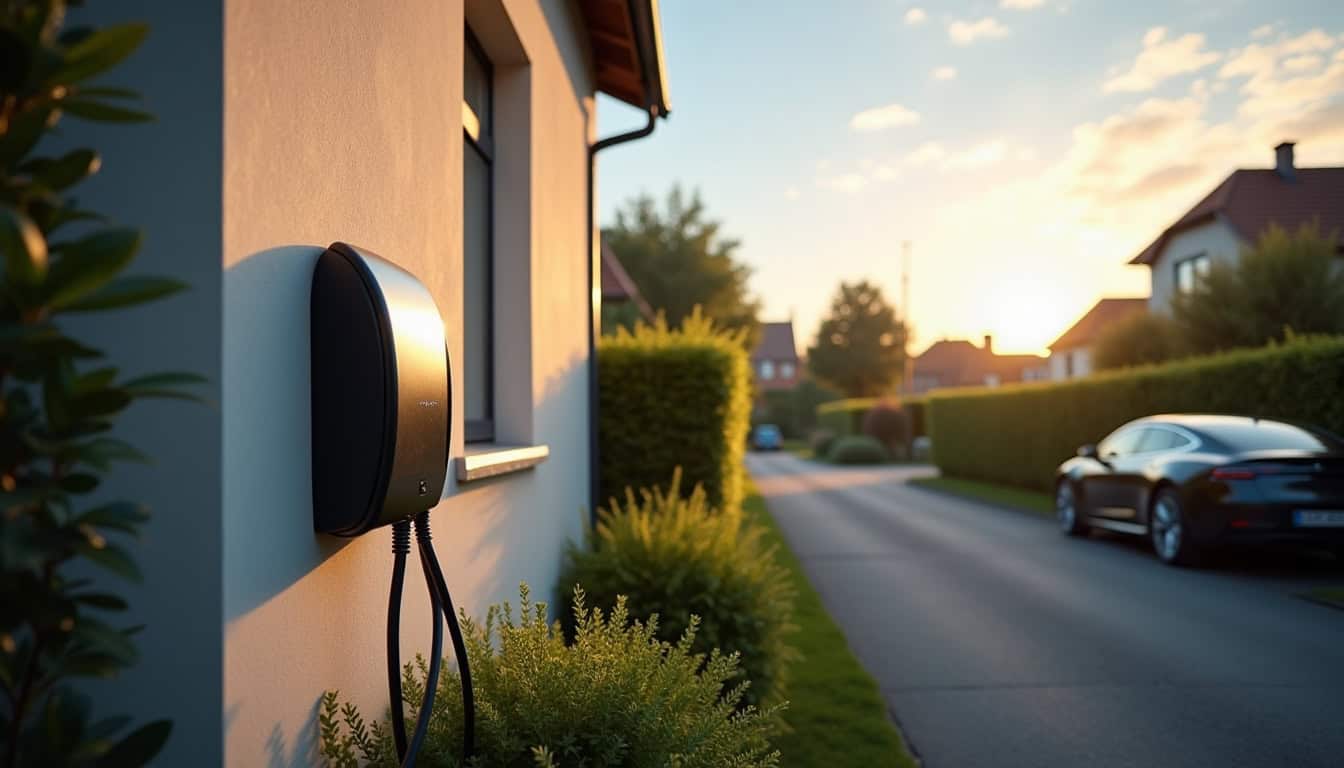 Borne de recharge électrique intelligente installée à l'extérieur d'une maison à Montpont-en-Bresse