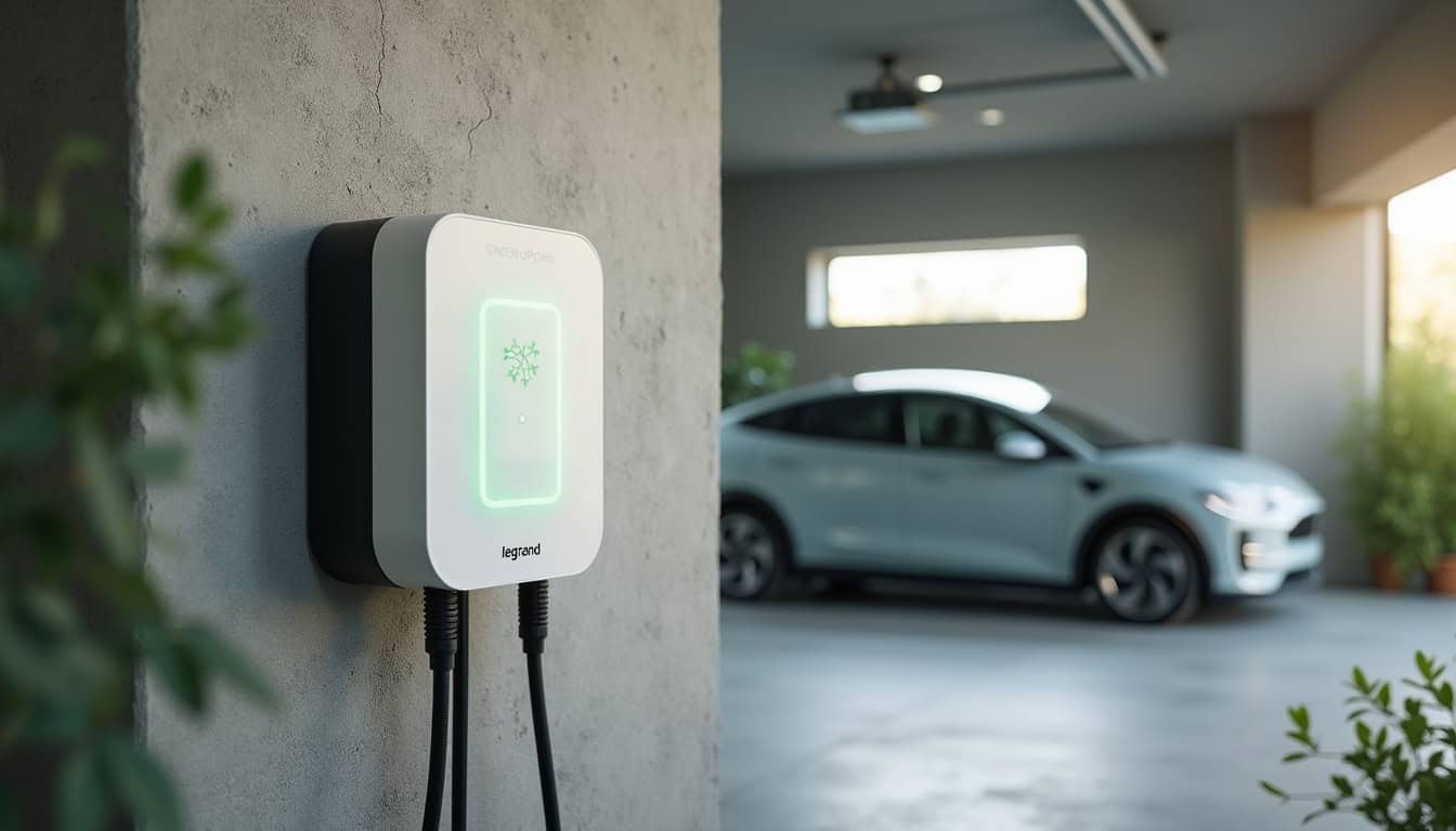 Borne de recharge électrique Legrand Green'UP HOME installée dans un garage