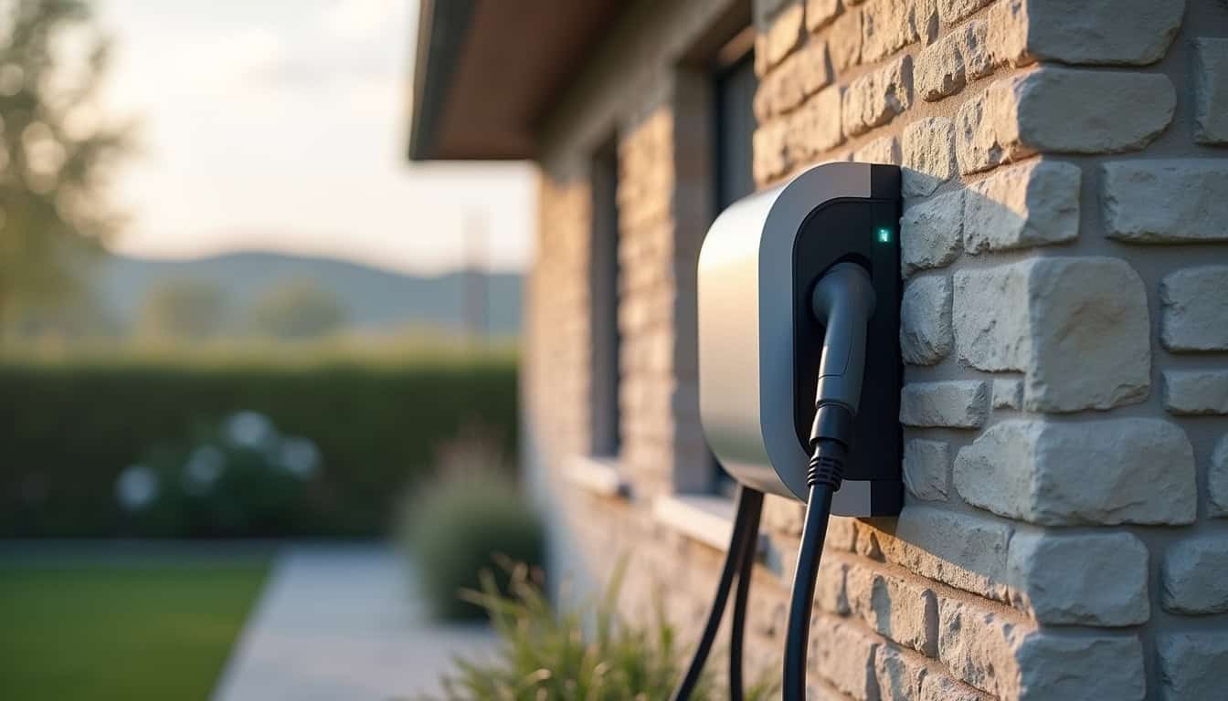 Borne de recharge électrique moderne installée en extérieur, près d'une maison à Labastide-Saint-Pierre