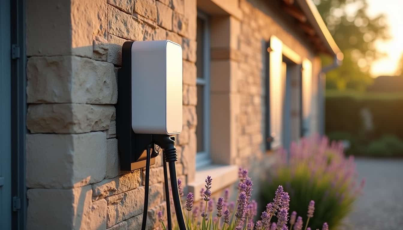 Borne de recharge électrique moderne installée sur un mur extérieur à Saint-Laurent-sur-Sèvre